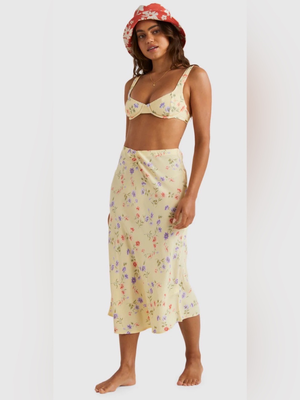 Billabong Kismet Women's Floral Ruched High Rise Midi Skirt Yellow Size L 12